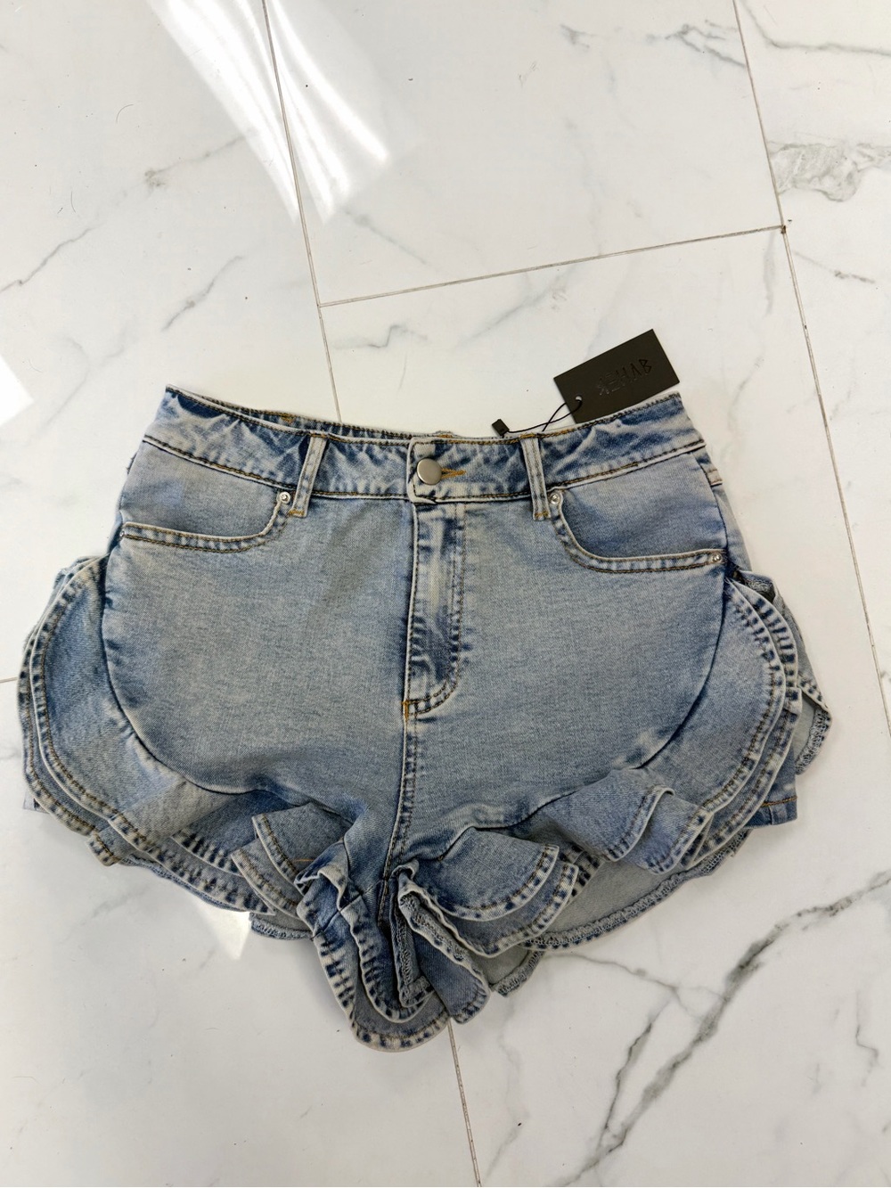 Rehab Light Blue Ruffled High-Waist Denim Shorts